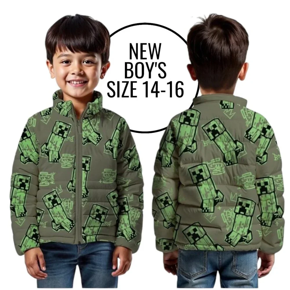 NEW Minecraft Boys Creeper Zip Puffer Jacket Lightweight Size 14 Zippered Size: